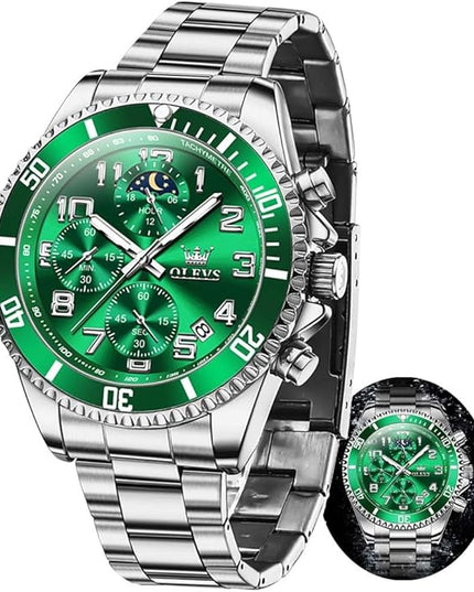 OLEVS Mens Watches Chronograph Watch Luxury Dress Stainless Steel Waterproof Watches for Men Moon Phase Luminous Business Calendar Wrist Watch Blue/Black/Green/Gold/Face