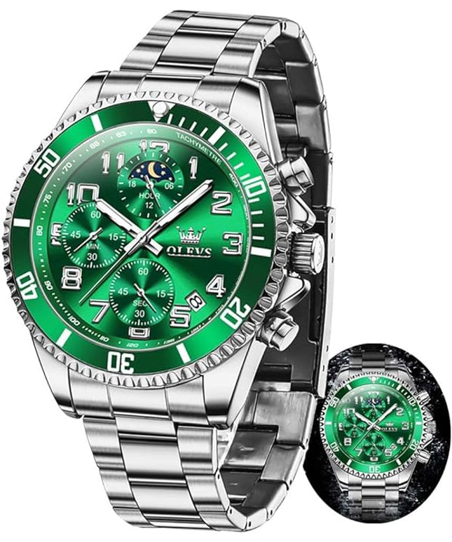 OLEVS Mens Watches Chronograph Watch Luxury Dress Stainless Steel Waterproof Watches for Men Moon Phase Luminous Business Calendar Wrist Watch Blue/Black/Green/Gold/Face