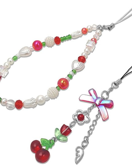 2 Pack Phone Charms, Cute Aesthetic Beaded PhoneCharm Strap Phone Lanyard String PhoneChain Accessories for Bag Keychain Airpods Camera Pendants