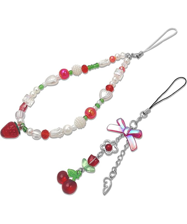 2 Pack Phone Charms, Cute Aesthetic Beaded PhoneCharm Strap Phone Lanyard String PhoneChain Accessories for Bag Keychain Airpods Camera Pendants