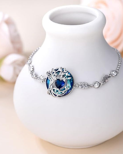 TOUPOP Tree of Life Birthstone Bracelet 925 Sterling Silver Family Tree Austrian Crystal Jewelry Anniversary Birthday Christmas Gifts for Women Wife Girlfriend Her