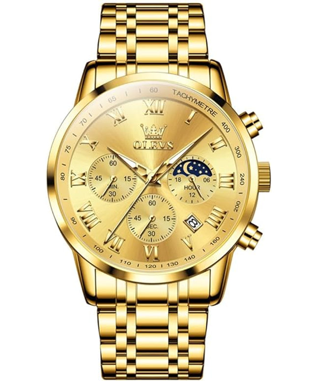 OLEVS Mens Watch Luxury Big Face Stainless Steel Analog Quartz Multifunctional Waterproof Luminous Date Two Tone Fashion Dress Wrist Watches for Man