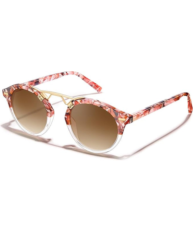 CARFIA Small Face Acetate Polarized Sunglasses for Women UV Protection, Retro Double Bridge Eyewears Metal Brow Round Sunnies