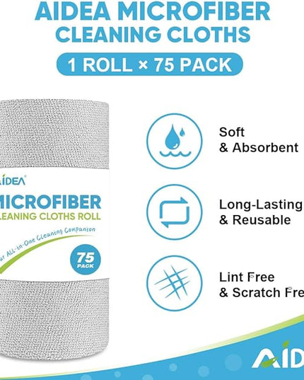 AIDEA Microfiber Cleaning Cloth Roll, Grey 75PK, Reusable Paper Towels Tear Away Cloth, Microfiber Towels for Cars, Wash Cloths, Lint Free Rags for House, Kitchen,Window,Cleaning Supplies 11.5"×11.5"