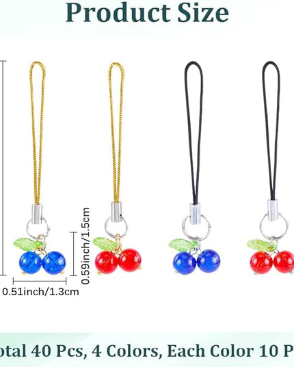 CRASPIRE 40Pcs Glass Cherry Cell Phone Charm Red Blue Fruit Ornaments Acrylic Mobile Straps Keychain Car Key Hanging Wallet Pendants Decor Accessories Gift Women Decoration