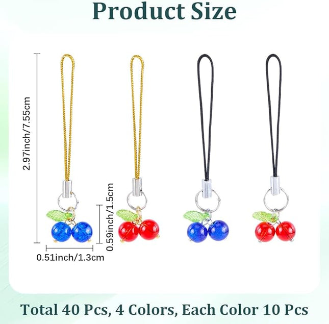 CRASPIRE 40Pcs Glass Cherry Cell Phone Charm Red Blue Fruit Ornaments Acrylic Mobile Straps Keychain Car Key Hanging Wallet Pendants Decor Accessories Gift Women Decoration