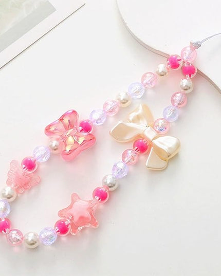 for iPhone 14 Case, [2 in 1 with Pearl Beaded Wrist Strap Bracelet Chain] 3D Cute Pink Bow Decor for Women Girl