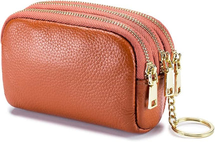 LINNO 3 Zippered Genuine Leather Coin Purse Triple Capacity Change Pouch Little Travel Wallet With Key Ring for Women