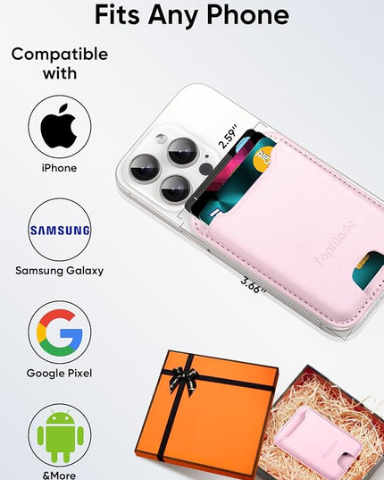 TopMade Phone Card Holder, Premium Leather Phone Wallet Stick on, Stronger 3M Adhesive Credit Card Holder for Back of Phone Case, iPhone, Samsung, and Android, RFID Blocking, Fit 4 Cards, Pink