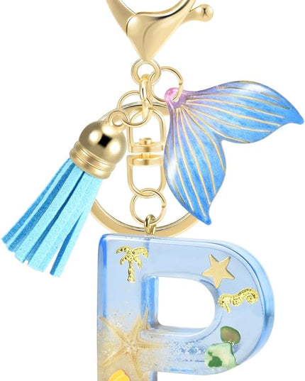 Initial letter Keychains for Women, Ocean Series Avowing Protect Earth Environment, Tassel Cute Car Keychain Initial Key Chain Keyring for Bookbag Handbag Backpack Charm Key Ring Unisex (Letter P)