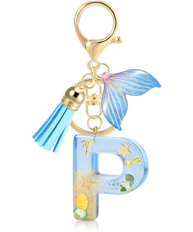 Initial letter Keychains for Women, Ocean Series Avowing Protect Earth Environment, Tassel Cute Car Keychain Initial Key Chain Keyring for Bookbag Handbag Backpack Charm Key Ring Unisex (Letter P)