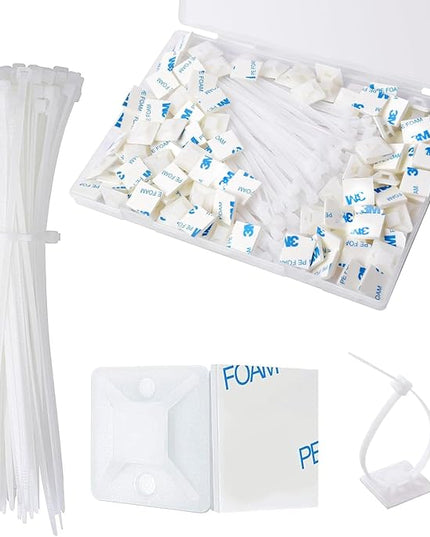 Strong Back-Glue Self Adhesive Cable Zip Tie Mounts Kit - 50 Set Cable Management Clips with 6" Zip Ties, Wire Holders - Outdoor Sticky Wire Organizer Clips-White