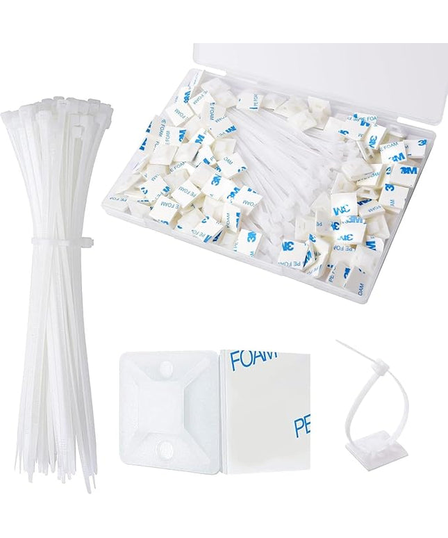 Strong Back-Glue Self Adhesive Cable Zip Tie Mounts Kit - 50 Set Cable Management Clips with 6" Zip Ties, Wire Holders - Outdoor Sticky Wire Organizer Clips-White