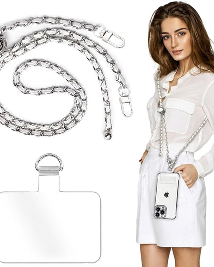 Cell Phone Lanyard Phone Crossbody Chain, Adjustable Cellphone Straps,Leather+Metal Shoulder Strap Chain with Phone Tether Patches Compatible with Most Phones Bag Purse