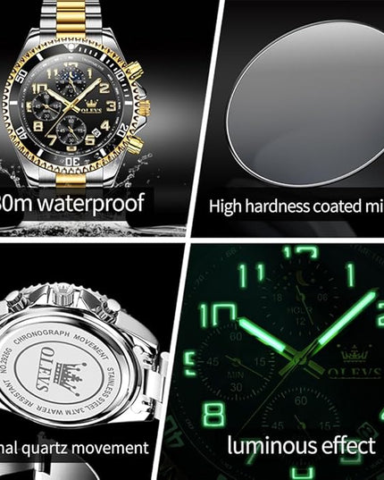 OLEVS Mens Watches Chronograph Watch Luxury Dress Stainless Steel Waterproof Watches for Men Moon Phase Luminous Business Calendar Wrist Watch Blue/Black/Green/Gold/Face