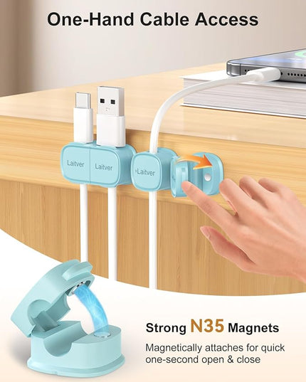 6 Pack Magnetic Cable Clips [1s Open/Lock], Laitver Cord Organizer Holder Strong Adhesive Desk Cable Management- Organize Charging Cords Neatly for Home, Office, Car,Desk, Nightstand-Blue