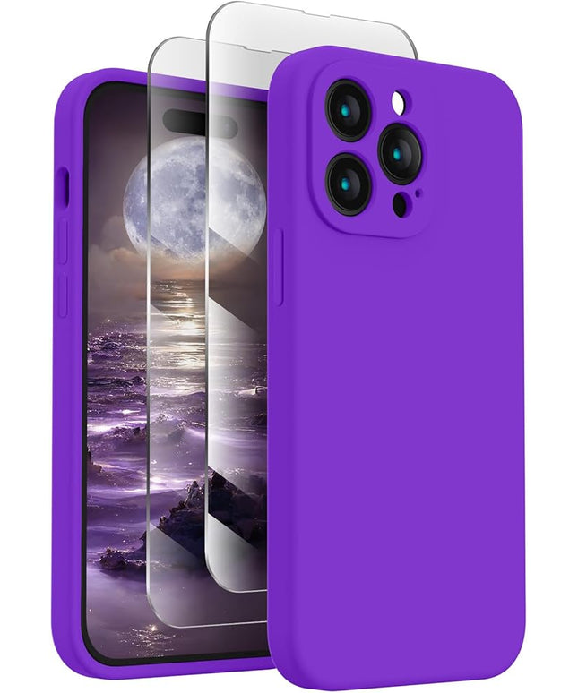 FireNova Designed for iPhone 14 Pro Max Case, Silicone Upgraded [Camera Protection] Case with [2 Screen Protectors], Soft Anti-Scratch Microfiber Lining Inside, 6.7 inch, Neon Purple