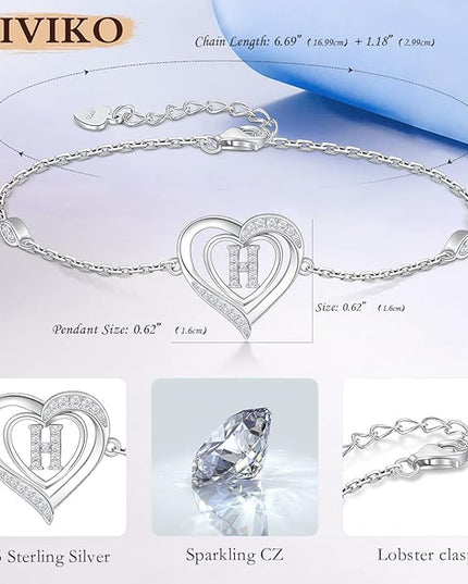 RIVIKO Heart Initial Bracelets for Women,925 Sterling Silver Letter Bracelets, Personalized Charm Alphabet Jewelry Valentines Christmas Mother’s Day Birthday Gifts for Women Friend Her Mom Wife Lady