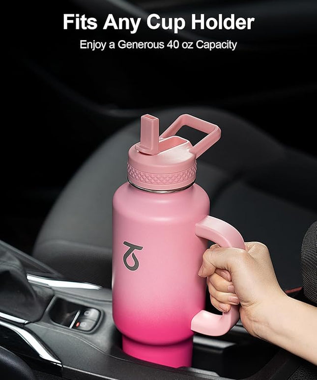 Trebo 40 oz Water Bottle Insulated with Handle, Leakproof Keep 24hrs Cold &Hot,Stainless Steel Travel Tumbler that Fits in Car Cup Holder with Straw Lids,Pink Reusable Water Bottles for women