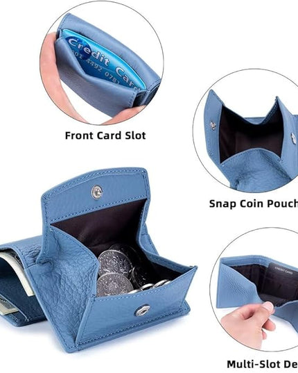 Mudono Small Wallet for Women Genuine Leather RFID Blocking Card Holder Minimalist Tri-fold Cash Wallet with Snap Coin Pouch