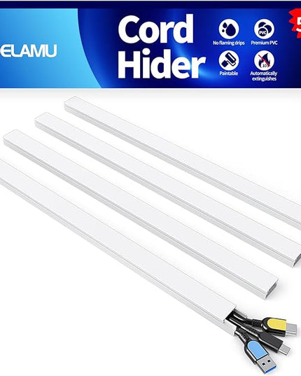 Delamu Cord Hider, 56.7in Cord Covers for 2-3 Wires on Wall, Paintable Cable Hider Wire Covers for Cords, Self-Adhesive Cable Cover Management, Easy Set-up Wires Hiders for TV, W0.95 x H0.55in, White