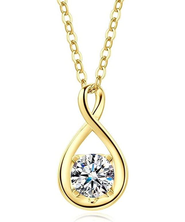 FANCIME 14K Solid Gold Birthstone Pendant with Sterling Silver Chain Infinity Gemstone Necklace Fine Jewelry Anniversary Birthday Christmas Gifts for Women Wife Her