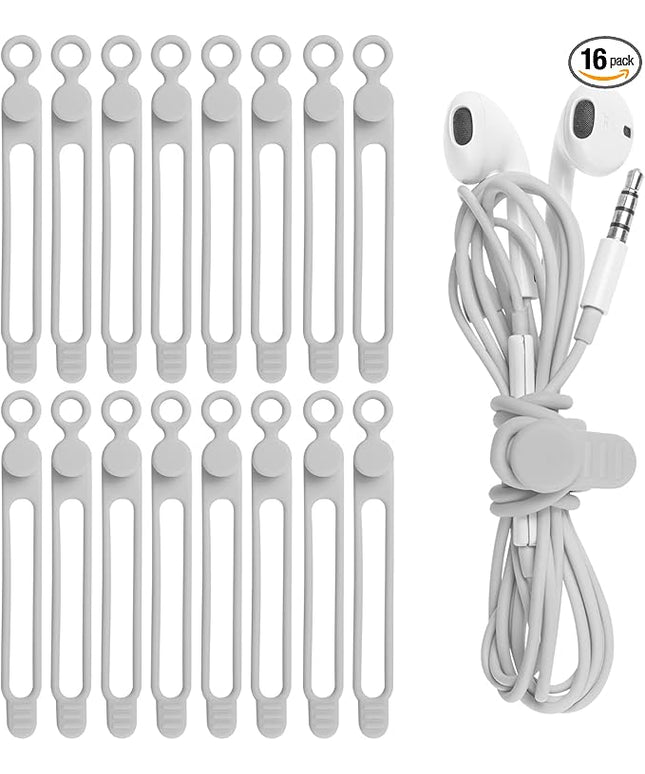 Nearockle 16Pcs Silicone Cable Straps Wire Organizer for Bundling Earphone, Phone Charger, Computer Cords, Reusable Cable Ties Cord Organizer in Home,Office,Kitchen,School(Grey)