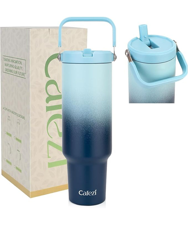 50 oz Insulated Water Bottle, Stainless Steel Water Bottles with Flip Straw and Top Handle, Leak Proof Tumbler with Lid and Straw, Fits in Cup Holder, Vacuum Insulated Cup for Home, Outdoors