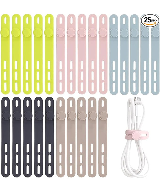 Oligei 25 Pcs Silicone Cable Ties, Cable Ties Reusable, High Elasticity Cord Wraps for Electrical Cords, Cord Organizer for Earphone, Phone Charger(Colorful)