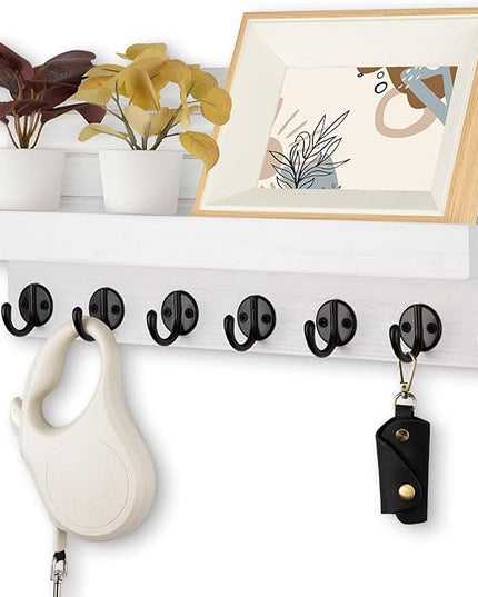Lwenki Key Holder Wall Mount, Entryway Key and Mail Holder with 7 Sturdy Hooks for Sunglasses, Dog Leash, Decorative Wall Shelf with Mounting Hardware, 15”W x 6.7”H x 4.2”D (White)
