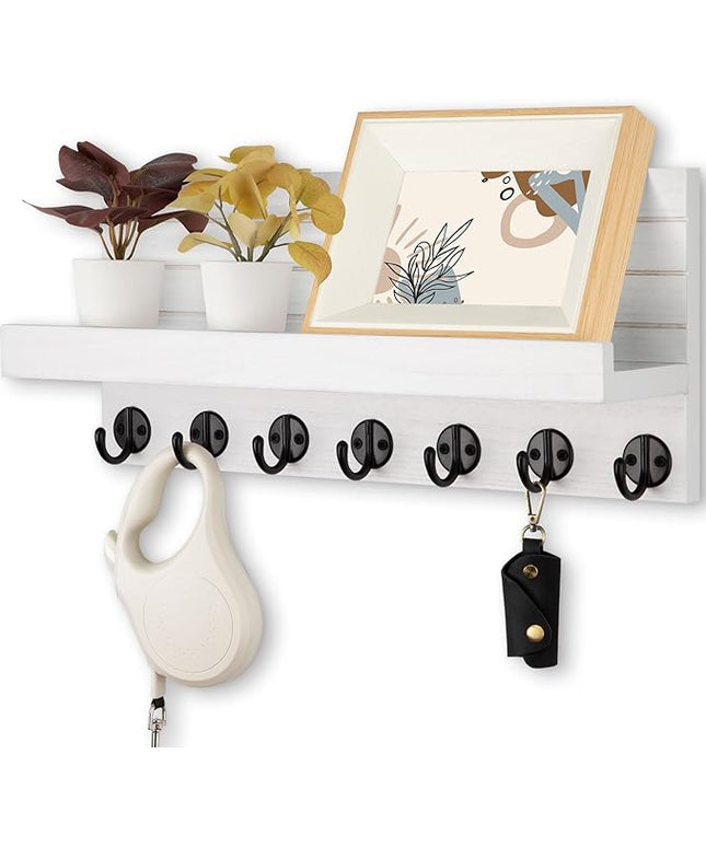Lwenki Key Holder Wall Mount, Entryway Key and Mail Holder with 7 Sturdy Hooks for Sunglasses, Dog Leash, Decorative Wall Shelf with Mounting Hardware, 15”W x 6.7”H x 4.2”D (White)