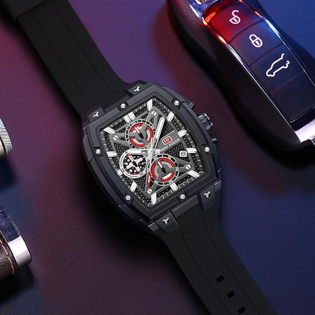 MF MINI FOCUS Men's Watch Analog Fashion Wrist Watch, Skeleton Tonneau Watch for Men with Chronograph,Ideal for Sports Enthusiasts and Daily Wear