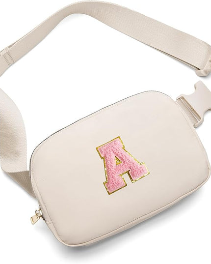 Gitus Belt Bag Fanny Pack Crossbody Bags with Initial Letter Patch Cute Stuff Birthday Gifts for Teenager Girls Trendy Preppy Stuff for Teen Girls(Beige-A)