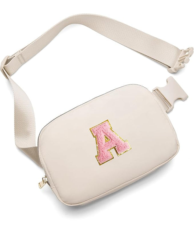 Gitus Belt Bag Fanny Pack Crossbody Bags with Initial Letter Patch Cute Stuff Birthday Gifts for Teenager Girls Trendy Preppy Stuff for Teen Girls(Beige-A)