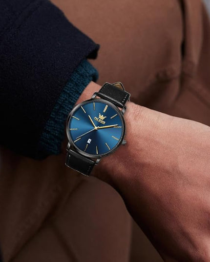 OLEVS Mens Watches Mens Leather Watch Ultra Thin Watches for Men Minimalist Watch with Leather Band Quartz Analog Dress Casual Simple Lightweight relojes para Hombres