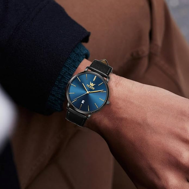 OLEVS Mens Watches Mens Leather Watch Ultra Thin Watches for Men Minimalist Watch with Leather Band Quartz Analog Dress Casual Simple Lightweight relojes para Hombres