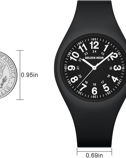 GOLDEN HOUR Waterproof Sports Analog Unisex Watches for Nurse Medical Professionals, Students - Military Time Glowing Easy to Read Dial, Jelly Silicone Strap