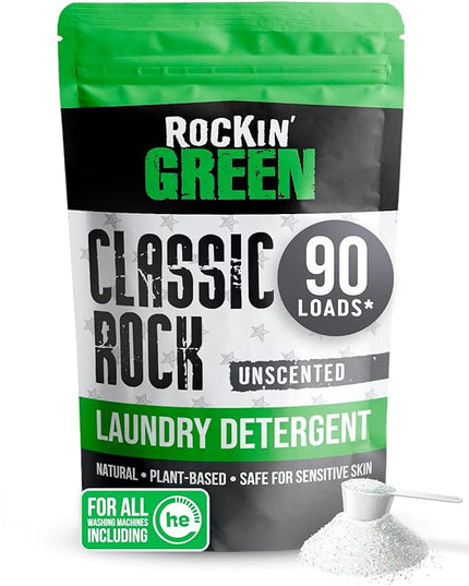 Rockin' Green Classic Rock Laundry Detergent Powder (90 Loads) - All Natural Laundry Detergent - Sensitive Skin Laundry Powder (Unscented)