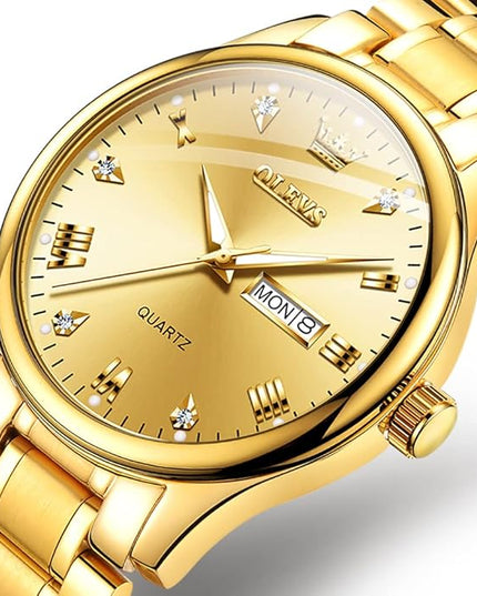 OLEVS Men's Luxury Watch Waterproof Luminous Easy Read Chronograph Watches Full Gold/White Dail/Black Face with Calendar Wristwatch