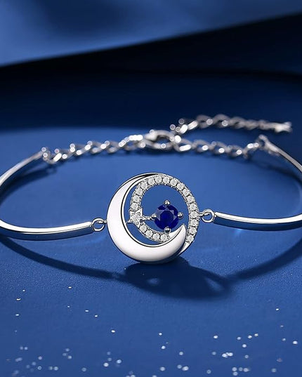 FANCIME Birthstone Bracelets 925 Sterling Silver Moon and Star Bangle Charm Bracelet Fine Jewelry Birthday Anniversary Christmas Day Gift for Her Women, Adjustable Chain 6.7"+1.2" Extend