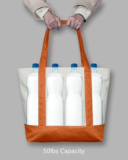 TOPDesign 1-Pack Canvas Tote Bag with an External Pocket, Reusable Grocery Shopping Bag, Top Zipper Closure, Daily Essentials (Orange/Natural)