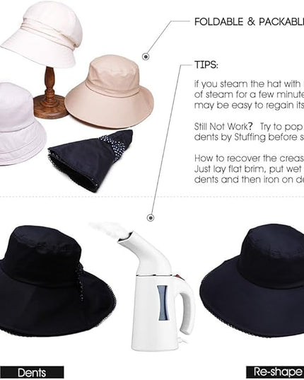 Comhats Packable Summer Cotton Sun Hat Bucket for Women UV Protection Wide Brim Beach Gardening Travel 54-64CM