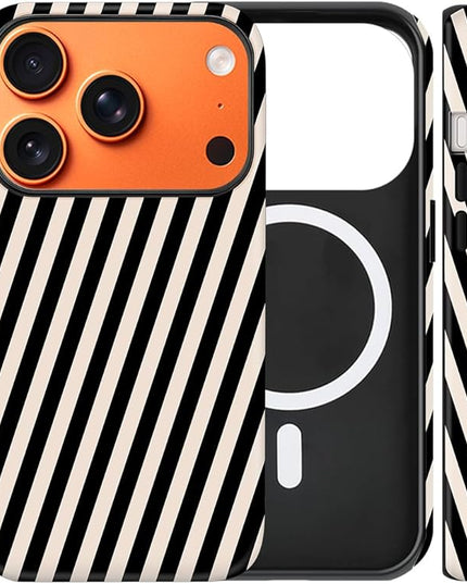 Magnetic for iPhone 17 Pro Max Case Cute Diagonal Stripes Phone Case, Shockproof Slim TPU and Hard PC Protective Phone Cover Compatible with MagSafe Designed for Women Girls,Black and White