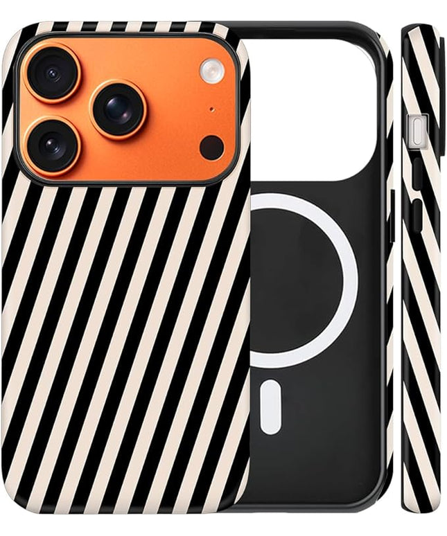 Magnetic for iPhone 17 Pro Max Case Cute Diagonal Stripes Phone Case, Shockproof Slim TPU and Hard PC Protective Phone Cover Compatible with MagSafe Designed for Women Girls,Black and White