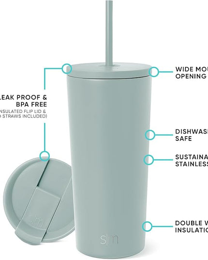 Simple Modern Insulated Tumbler with Lid and Straw | Iced Coffee Cup Reusable Stainless Steel Water Bottle Travel Mug | Gifts for Women Men Her Him | Classic Collection | 20oz | Sea Glass Sage