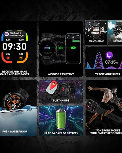 CARBINOX Blaze Smart Watch with GPS – Rugged Fitness Trackers, IP69K Waterproof, 170+ Sports Modes, Gorilla Glass, Make/Receive Calls, Step Counter Watch, Android & iOS Compatible