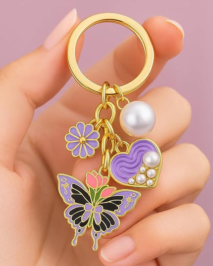 Floral Pearl Keychain - Elegant Purple Flower & Pearl Heart Key Chains for Women, Cute Butterfly Bag Charms, Romantic Gift