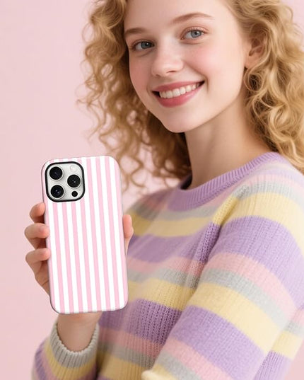 Magnetic for iPhone 16 Case Cute Stripes Phone Case, Shockproof Slim TPU and Hard PC Protective Phone Cover Compatible with MagSafe Designed for Women Girls, Pink and White