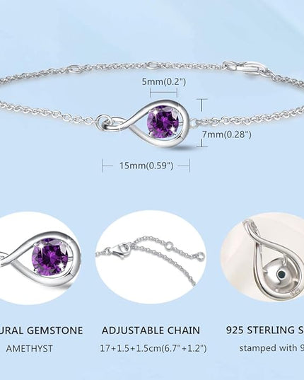 FANCIME Love Bracelet 925 Sterling Silver Infinity Birthstone Bracelets for Women Fine Jewelry Birthday Christmas Gifts for Her Mom Wife, Chain Length 6.7"+1.2" Extend
