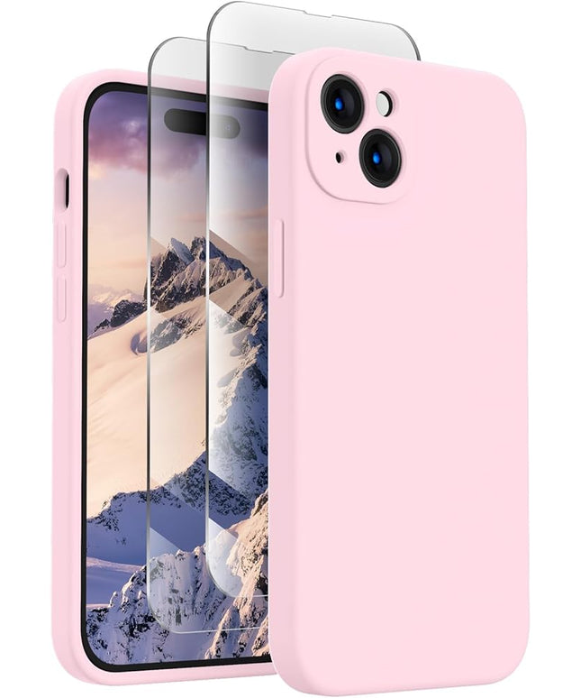 FireNova Designed for iPhone 15 Case, Silicone Upgraded [Camera Protection] Phone Case with [2 Screen Protectors], Soft Anti-Scratch Microfiber Lining Inside, 6.1 inch, Chalk Pink